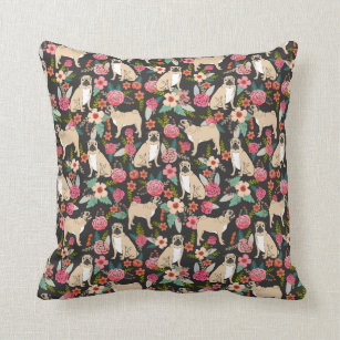 Pug pet portrait custom spring floral pugs cushion