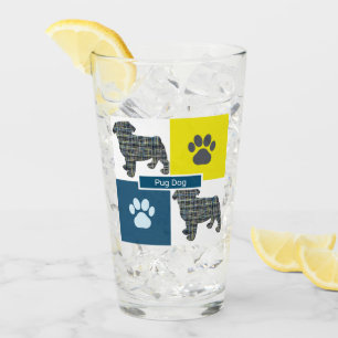 Pug Pet Silhouette Dog & Paw Yellow & Blue Grid Glass