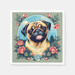 Pug Playful Dog Portrait With Flowers Napkin