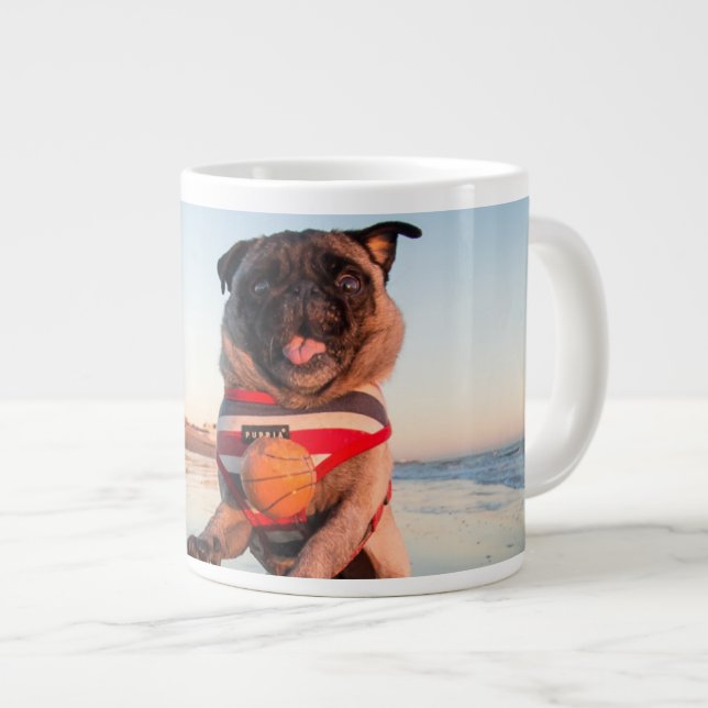 Pug Playing Ball on Beach Large Coffee Mug (Front Right)