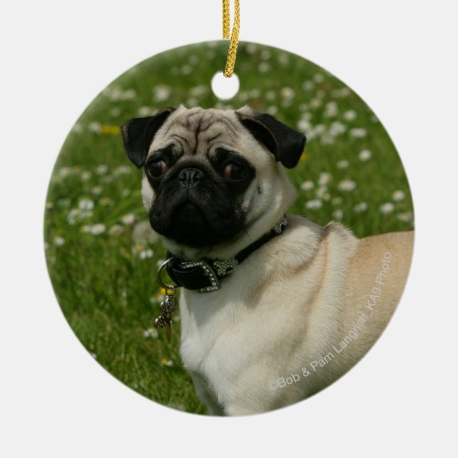 Pug Playing in Flowers Ceramic Tree Decoration (Front)
