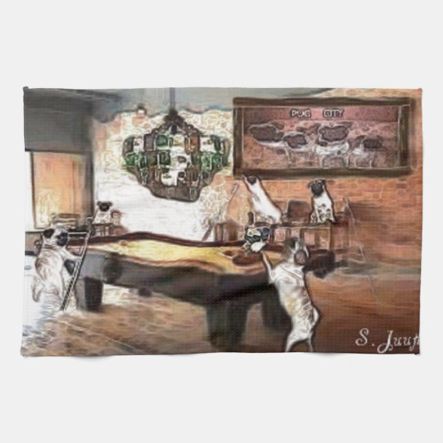 Pug Pool Hall Tea Towel (Horizontal)