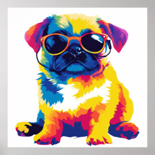 Pug Portrait Glasses Illustration Watercolour Art Poster