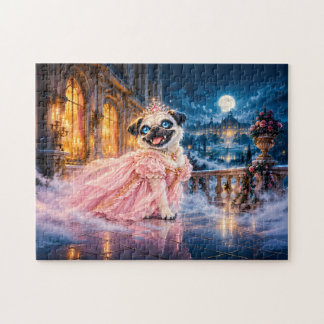 Pug Princess in Pink Dress at Night Garden Jigsaw Puzzle