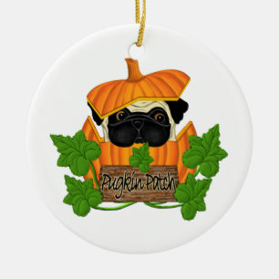 Pug Pumpkin Patch Ceramic Tree Decoration