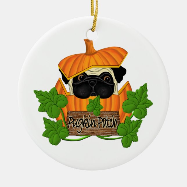 Pug Pumpkin Patch Ceramic Tree Decoration (Front)