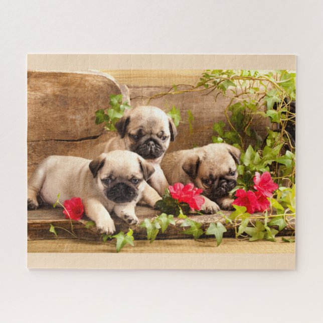 Pug puppies among flowers puzzle (Horizontal)