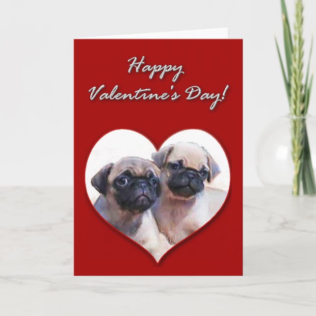 Pug puppies Valentines Day Card (Front)