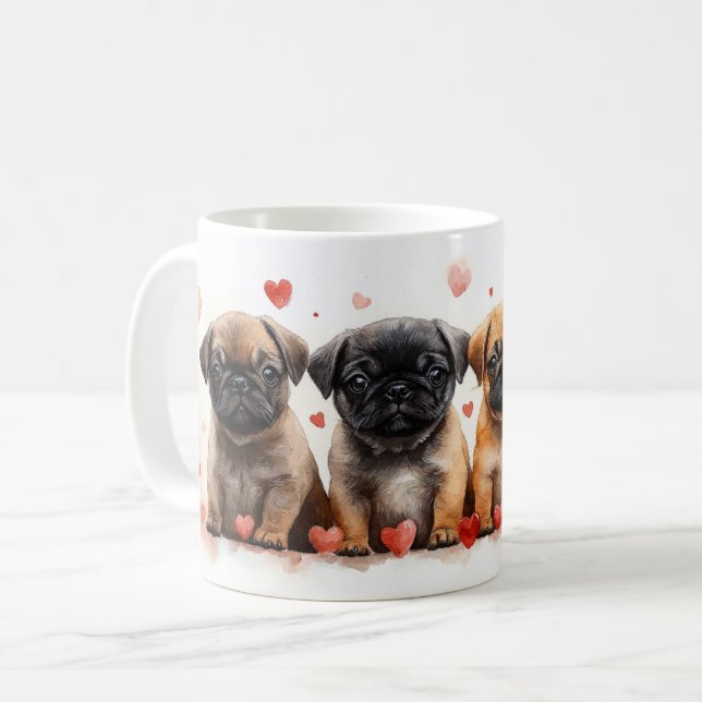 Pug Puppies with Hearts - Valentine's Day Coffee Mug (Front Left)