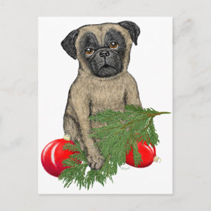Pug Puppy Adorable Christmas Dog Art Holiday Postcard