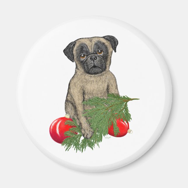 Pug Puppy Adorable Christmas Dog Art Magnet (Front)