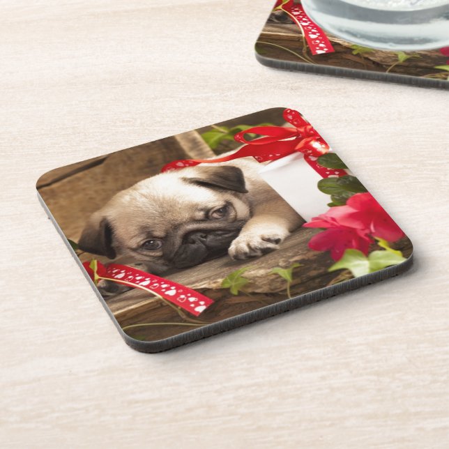 Pug Puppy and Gift  Box Coaster (Left Side)
