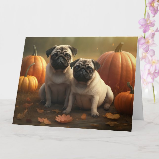 Pug Puppy Autumn Delight Pumpkin Card (Orchid)