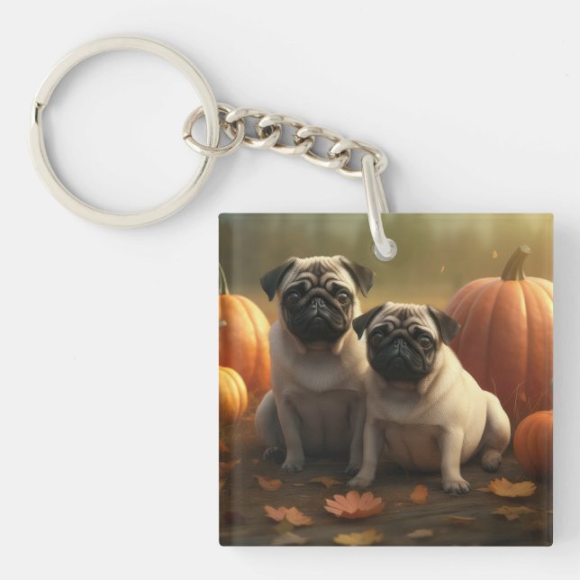 Pug Puppy Autumn Delight Pumpkin Key Ring (Front)
