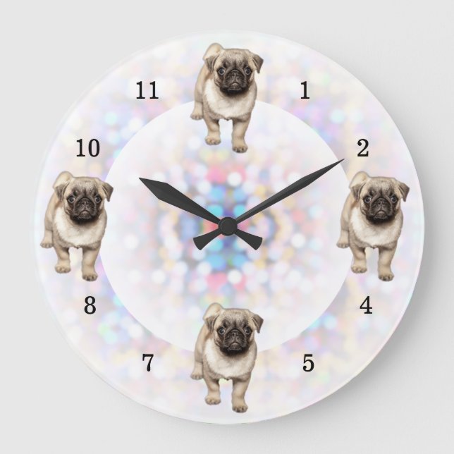 Pug Puppy Bright Lights Background Large Clock (Front)