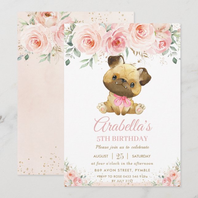 Pug Puppy Dog Blush Pink Floral Girl Birthday Invitation (Front/Back)