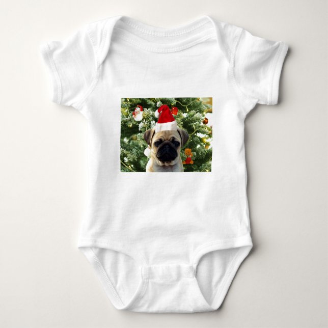 Pug Puppy Dog Christmas Tree Ornaments Snowman Baby Bodysuit (Front)