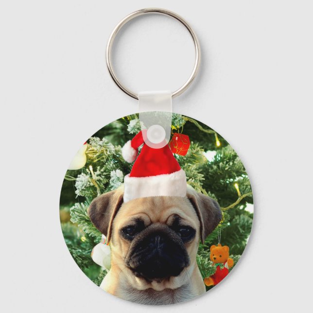 Pug Puppy Dog Christmas Tree Ornaments Snowman Key Ring (Front)