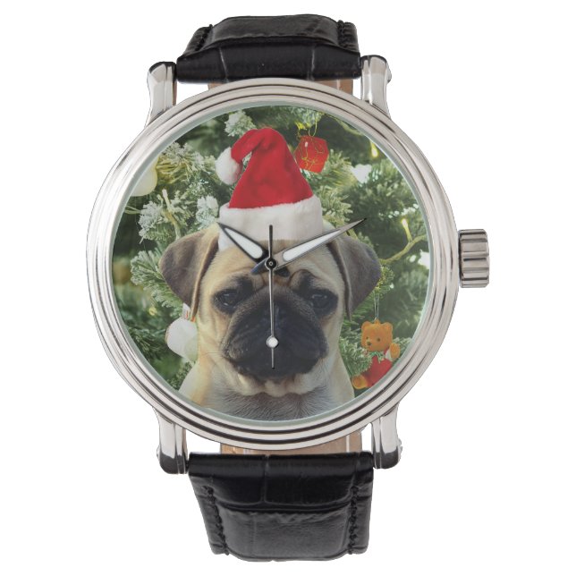 Pug Puppy Dog Christmas Tree Ornaments Snowman Watch (Front)
