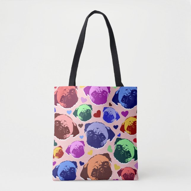 Pug Puppy Dog Love Hearts Pattern Tote Bag (Front)