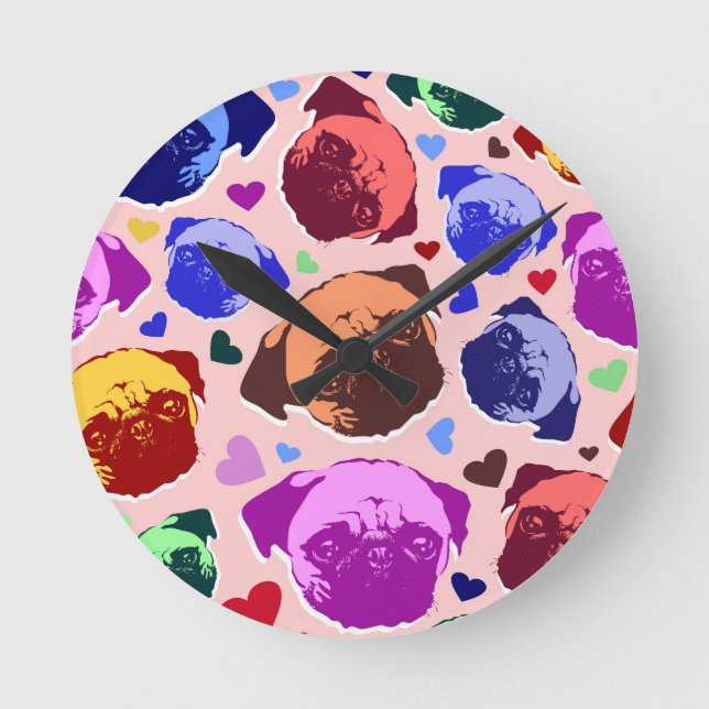Pug Puppy Dog PopArt Retro Style Round Clock (Front)