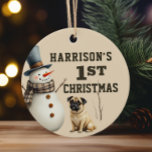 Pug Puppy Heart melting First Christmas Ceramic Tree Decoration<br><div class="desc">A adorable watercolor pug puppy and snowman makes these custom first Christmas ornaments a heart warming keepsake gift. Easily customise to make a special gift this Christmas.</div>