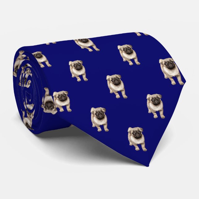 Pug Puppy Pattern on Light Navy Blue Tie (Rolled)