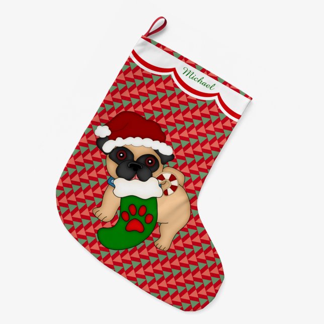 Pug Puppy Pattern Personalised Large Christmas Stocking (Front (Hanging))