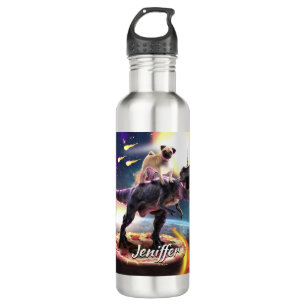 Pug riding dinosaur unicorn in space               710 ml water bottle