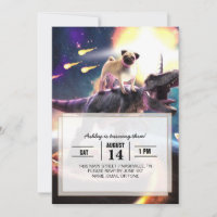 Pug riding dinosaur unicorn in space              