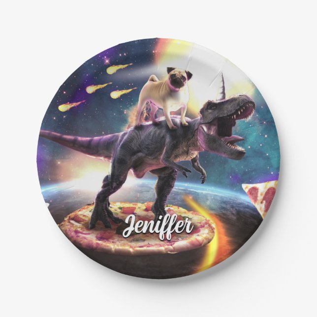 Pug riding dinosaur unicorn in space               paper plate (Front)