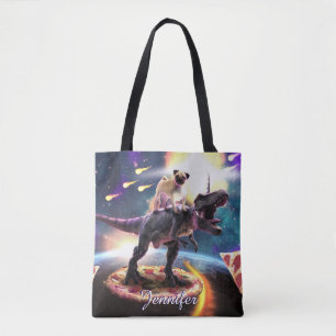 Pug riding dinosaur unicorn in space               tote bag