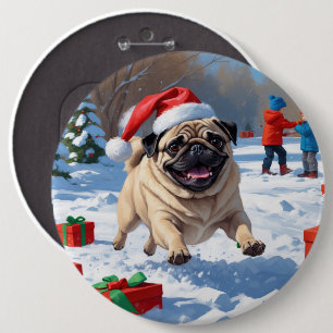 Pug Running in Snow with Christmas Hat 6 Cm Round Badge