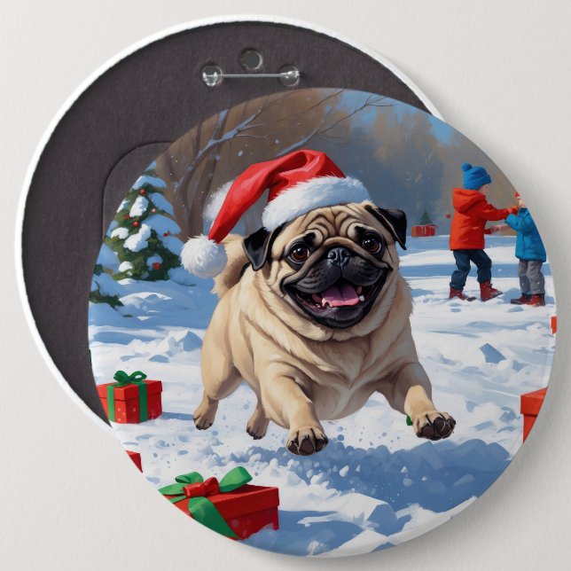 Pug Running in Snow with Christmas Hat 6 Cm Round Badge (Front & Back)