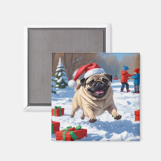 Pug Running in Snow with Christmas Hat Magnet (Front/Back)
