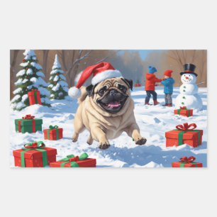 Pug Running in Snow with Christmas Hat Rectangular Sticker
