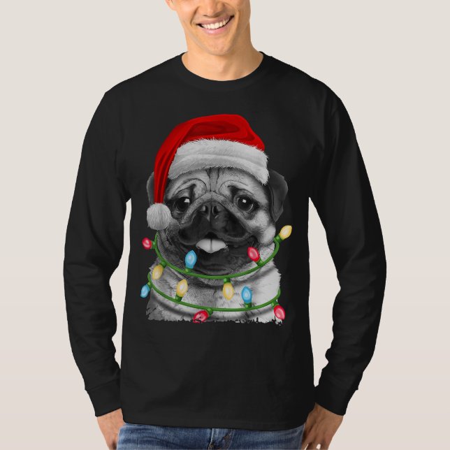 Pug Santa Christmas Tree Lights Xmas Boys Pugmas D T-Shirt (Front)