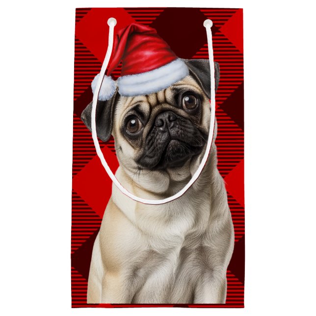 Pug Santa Dog Holiday Red Buffalo Plaid Christmas Small Gift Bag (Front)