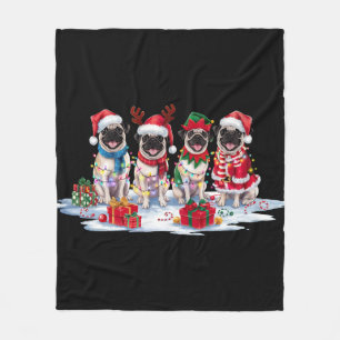 Pug Santa hat antlers elf Christmas lights Fleece Blanket