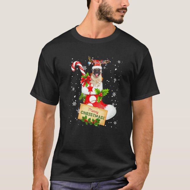 Pug Santa Reindeer Lights In Sock Merry Christmas  T-Shirt (Front)