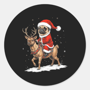 Pug Santa Riding Reindeer Christmas Holiday Puppy  Classic Round Sticker