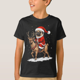 Pug Santa Riding Reindeer Christmas Holiday Puppy  T-Shirt