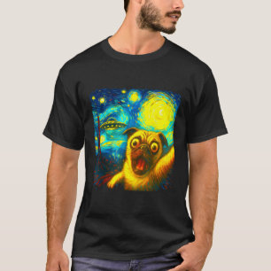 Pug Selfie With Alien Ufo Funny Starry Night Van G T-Shirt