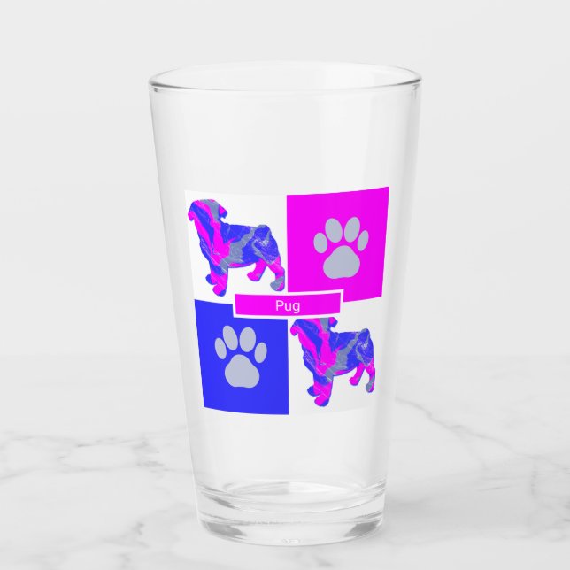 Pug Silhouette Dog & Paw Pink and Blue Square Glass (Front)