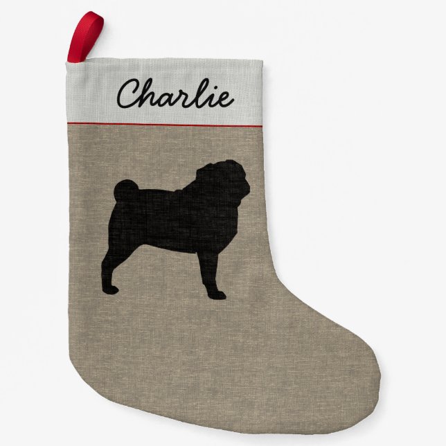 Pug Silhouette Personalised Cute Dog Holiday Xmas Small Christmas Stocking (Front)