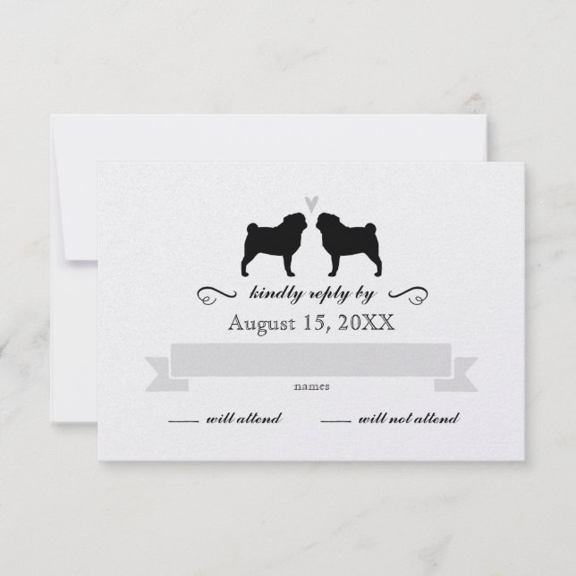 Pug Silhouettes Wedding RSVP Reply Card (Front)