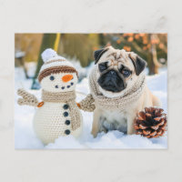 Pug Sitting Next to Snowman in Winter