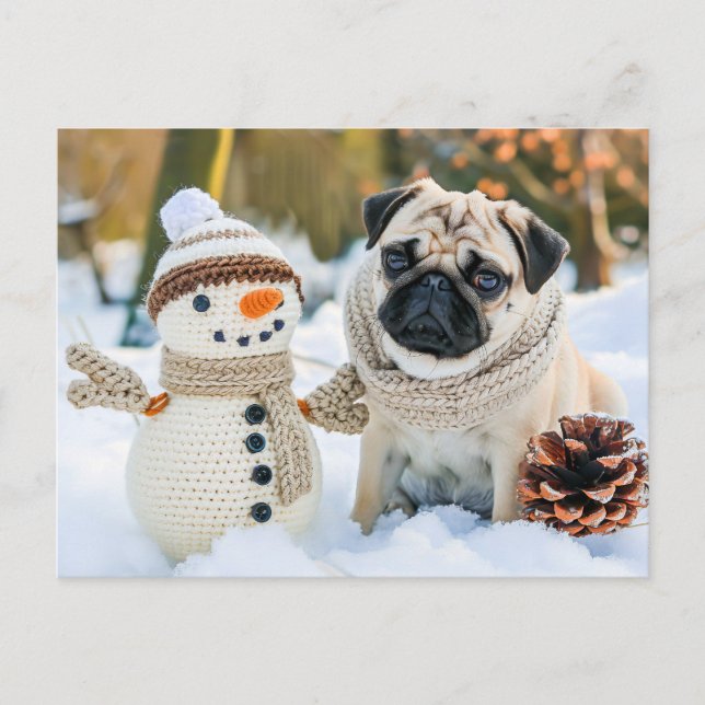 Pug Sitting Next to Snowman in Winter Postcard (Front)