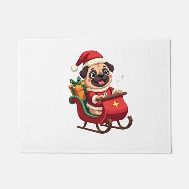 Pug Sleigh Ride Doormat (Front)