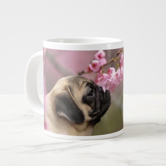 Pug Smelling Cherry Blossoms Large Coffee Mug (Front Left)